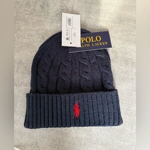 Polo by Ralph Lauren Navy Knit Beanie with Red Logo